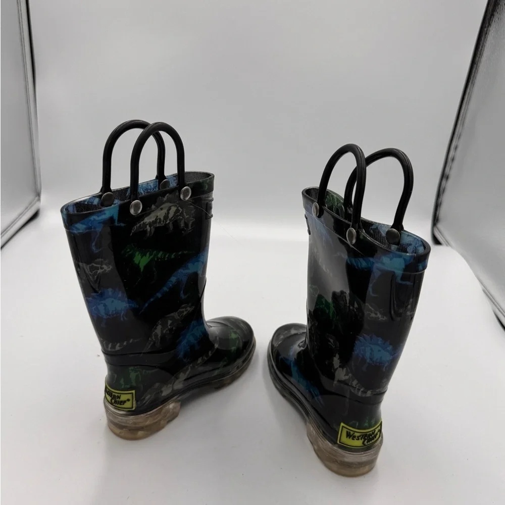 Western Chief Toddler Boy Size 6 Black and Blue Dinosaur Light Up Rain Boots